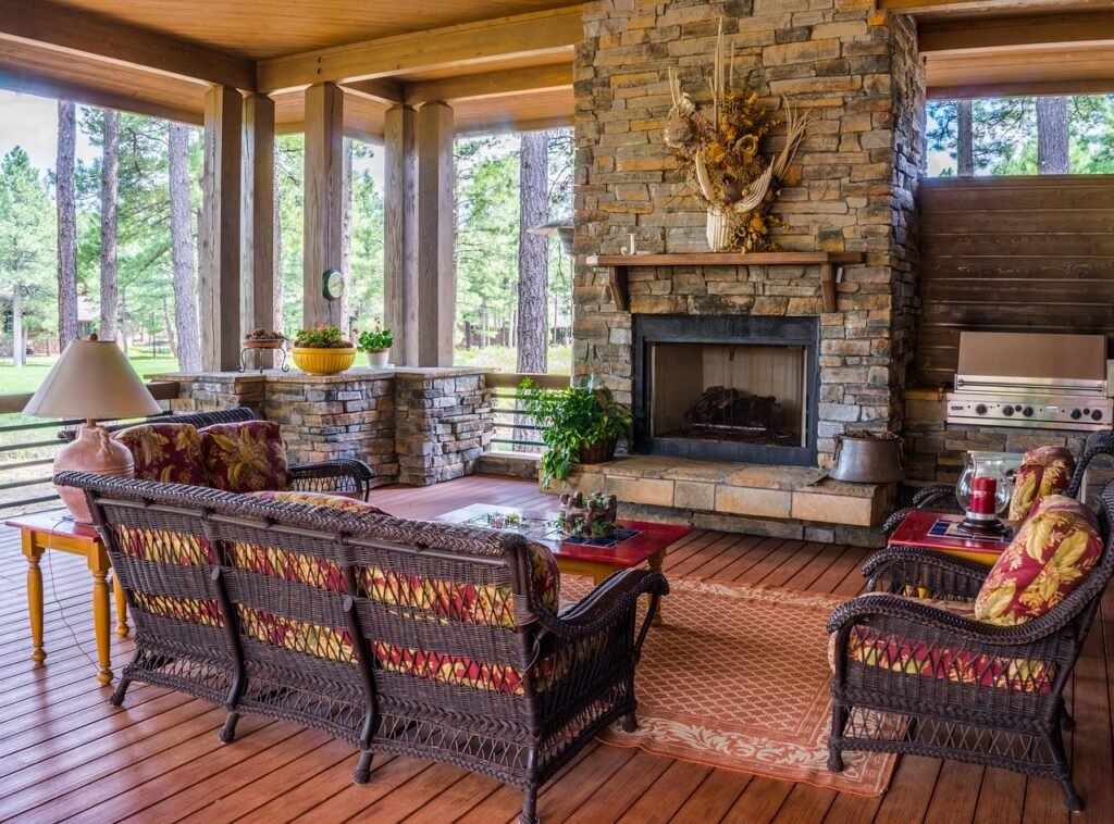 indoor wicker furniture set near fireplace, living room 