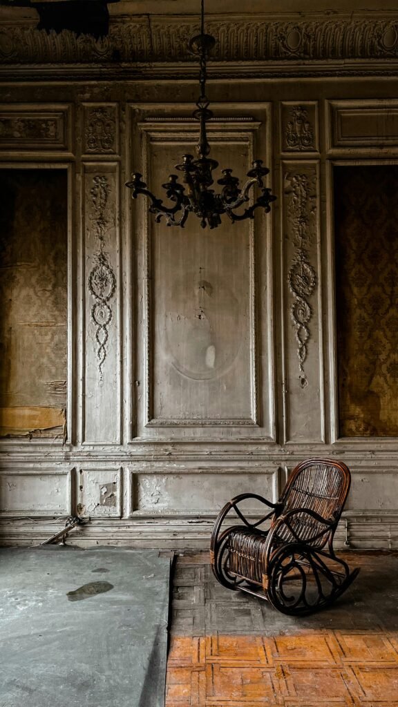 vintage old wooden rocking chair, capturing nostalgia and mystery.