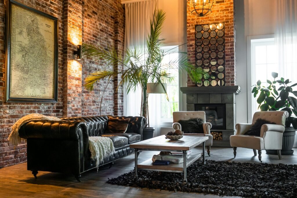 classic furniture in living room with industrial design featuring brick walls