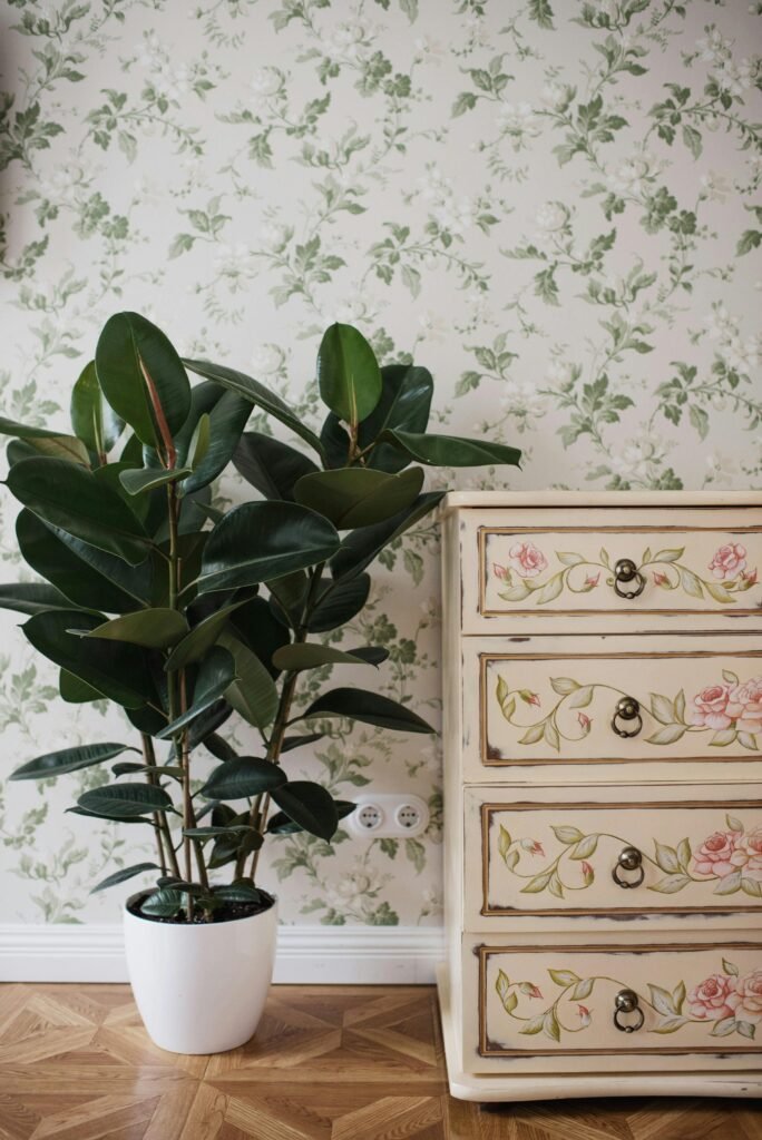 vintage floral dresser and a rubber plant