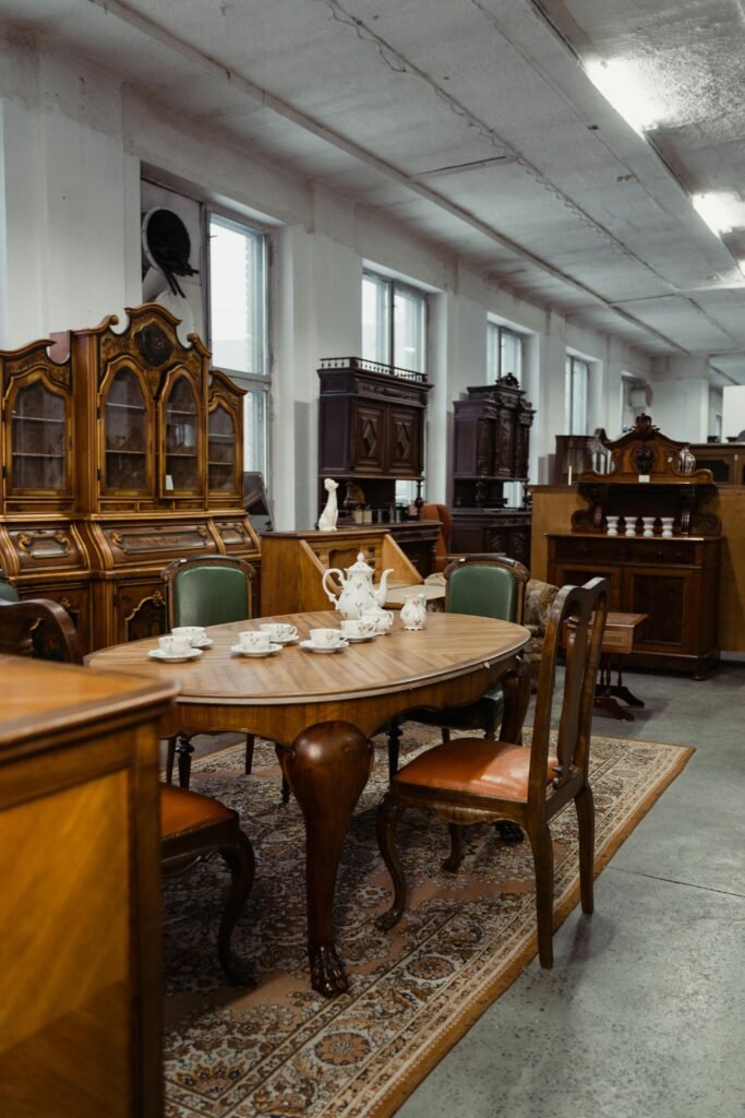antique wooden furniture in a vintage dining setup.