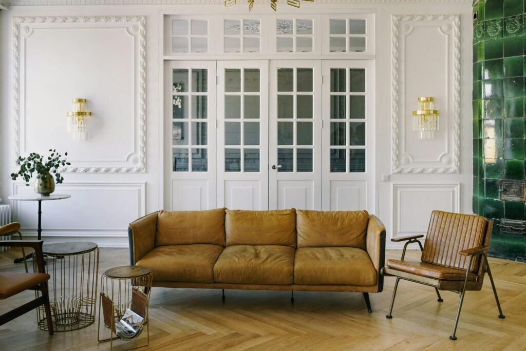 Bright living room featuring leather furniture